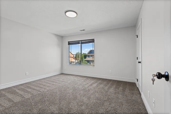 Neutral wall tones with a window, textured carpet, and a flush mount ceiling light