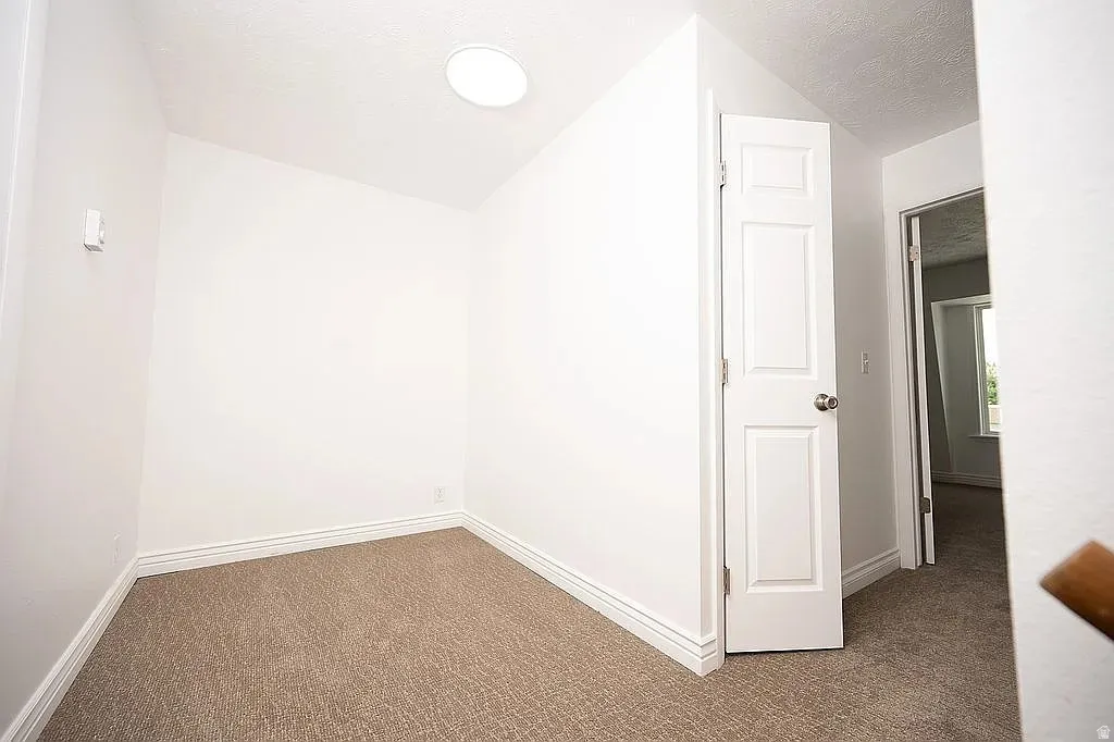 Carpeted room with a circular ceiling light fixture and white baseboards
