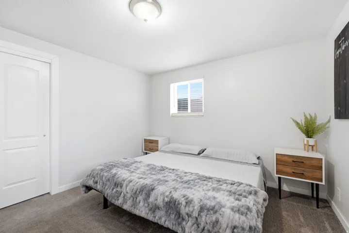 Bright primary bedroom featuring neutral wall finishes, carpet, and abundant natural light from dual windows