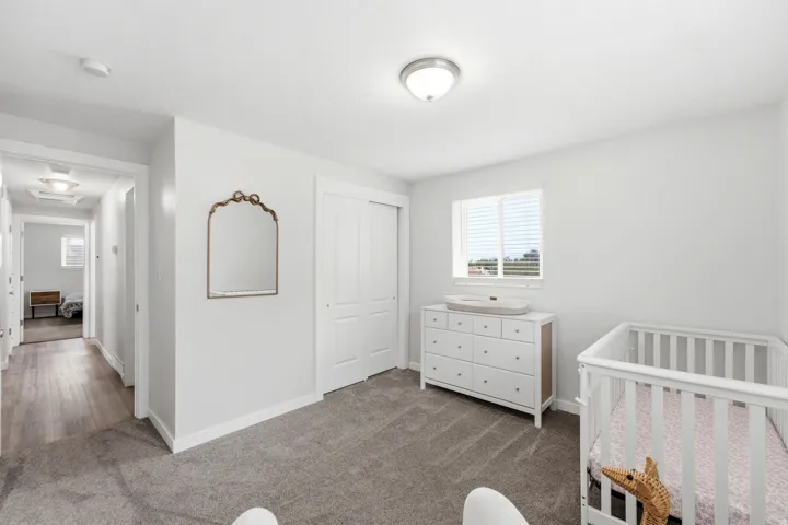 Bright bedroom featuring dual windows with blinds, neutral carpeting, and ceiling lighting