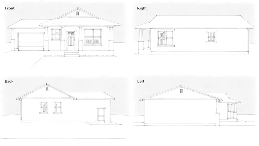 Architectural Drawing, Elevations. Illustrating the property from multiple exterior perspectives