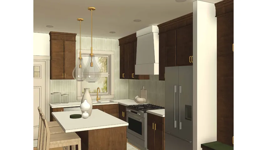 Contemporary kitchen featuring dark wood-finish cabinetry, stainless steel appliances, a white range hood, and a light-toned island with seating