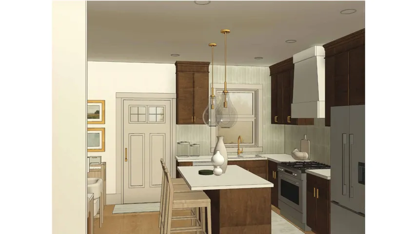 Kitchen featuring dark wood cabinetry, a center island with countertop seating, stainless steel appliances, and pendant lighting