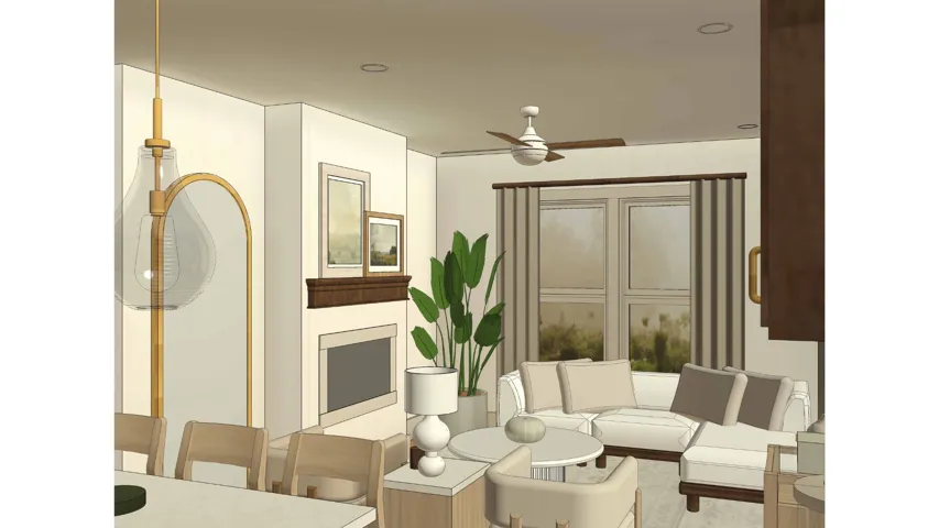 Recessed lighting, ceiling fan, large window, fireplace with mantel, and wood-finish flooring