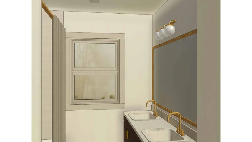 Dual undermount sinks with gold-tone faucets, framed mirror with integrated lighting, wood-finish vanity, and a window with trim