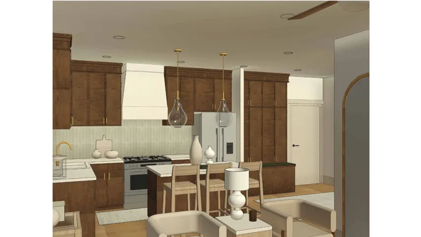 Kitchen featuring wood-finish cabinetry, stainless steel appliances, a white range hood, and pendant lighting