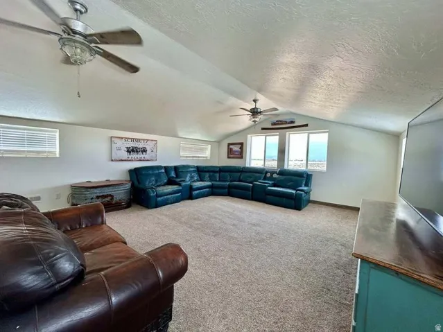 Vaulted ceiling with dual ceiling fans, carpeted flooring, and multiple windows