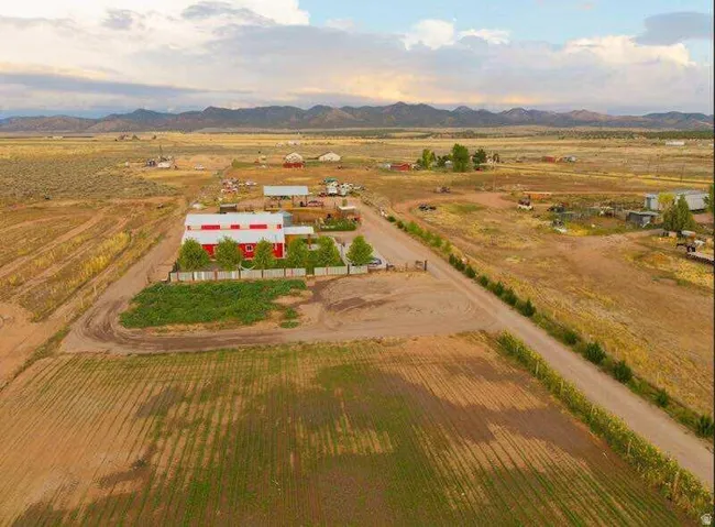 Expansive agricultural property featuring multiple structures, open fields, and a mountain backdrop