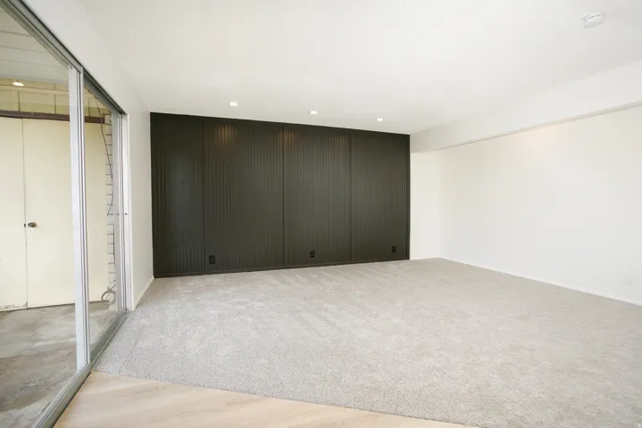 Wall-to-wall carpeting, recessed ceiling lighting, a dark accent wall with vertical paneling, and a sliding glass door