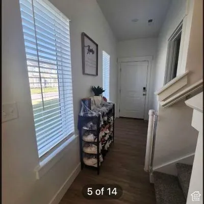 White interior walls, wood-finish flooring, two windows with blinds, a white door, and a carpeted staircase