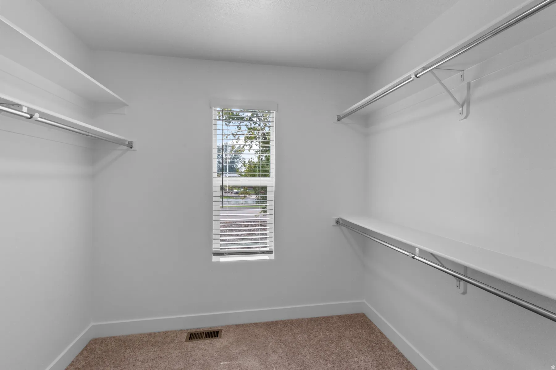 Spacious walk-in closet featuring multiple chrome hanging rods, built-in shelving throughout, natural light from a tall window with blinds, and neutral carpeting