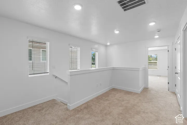 Carpeted open-concept area featuring recessed lighting, multiple windows, and a doorway