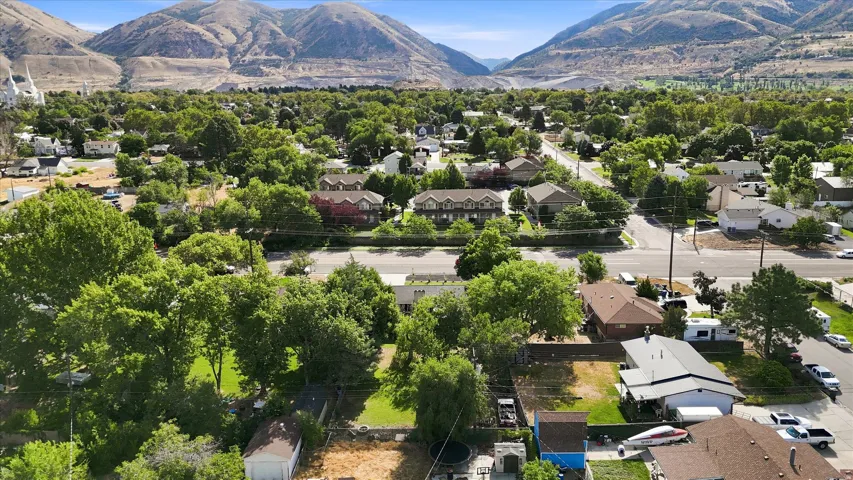 Mountain backdrop with a residential area featuring established trees and a variety of architectural styles