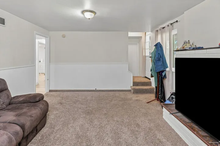 Plush carpet flooring, white walls, and a multi-level layout
