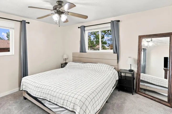 Recessed windows, ceiling fan with integrated lighting, neutral wall paint, and gray carpeting