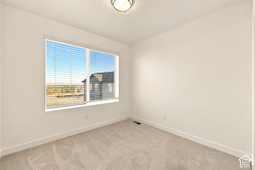 Neutral interior room featuring neutral-toned carpeting, white walls, a single-bulb flush-mount ceiling fixture, and a large window with horizontal blinds