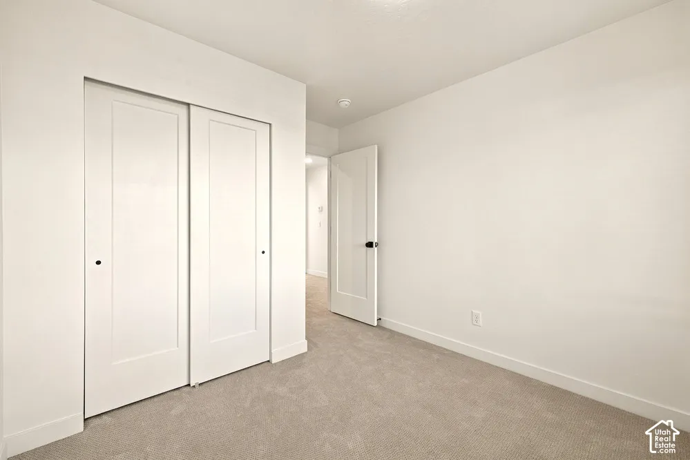Neutral-toned carpeting, white walls, dual sliding closet doors with matte black hardware, and a single-panel interior door with a matching handle