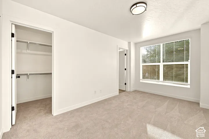 Neutral wall finishes, plush carpeting, built-in closet shelving, and a dual-pane window with adjustable blinds