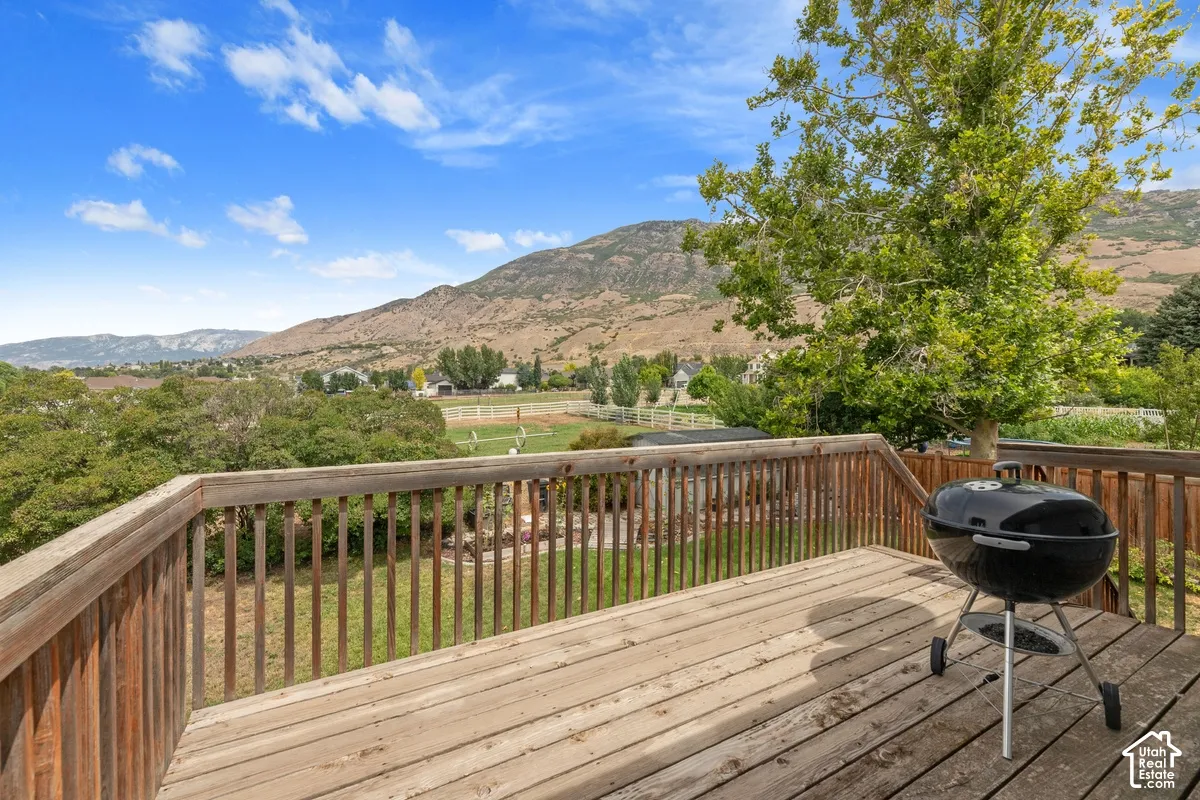 Wood deck with natural wood railing and mountain scenery