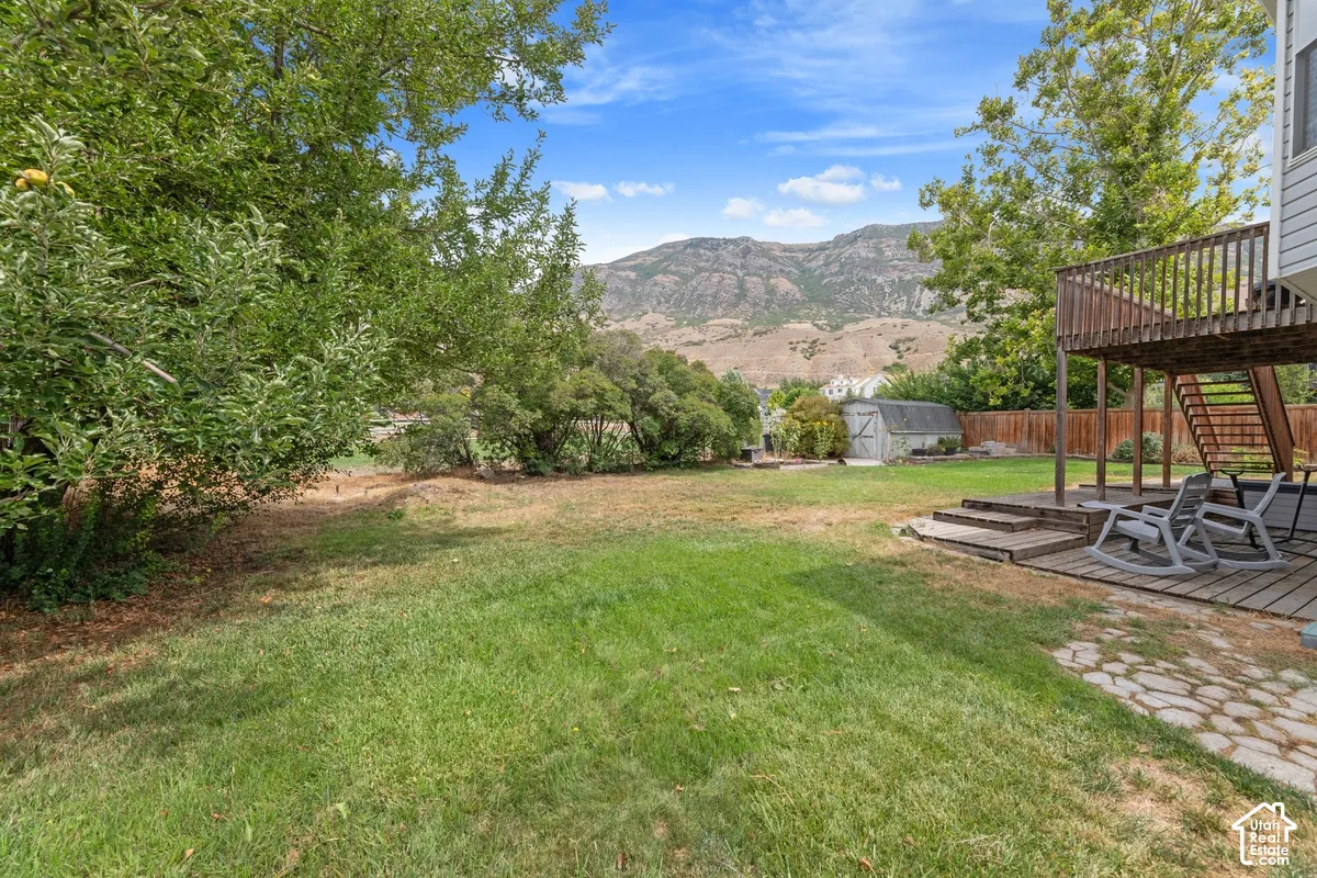 Expansive backyard featuring a multi-level wood deck, stone paver patio, and a storage shed