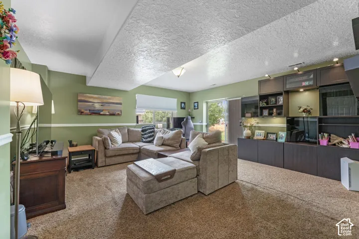 Built-in media center with track lighting, multiple storage cabinets, and display shelves