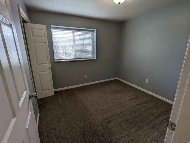 Neutral gray wall paint, textured carpet flooring, white trim, and a window with horizontal blinds