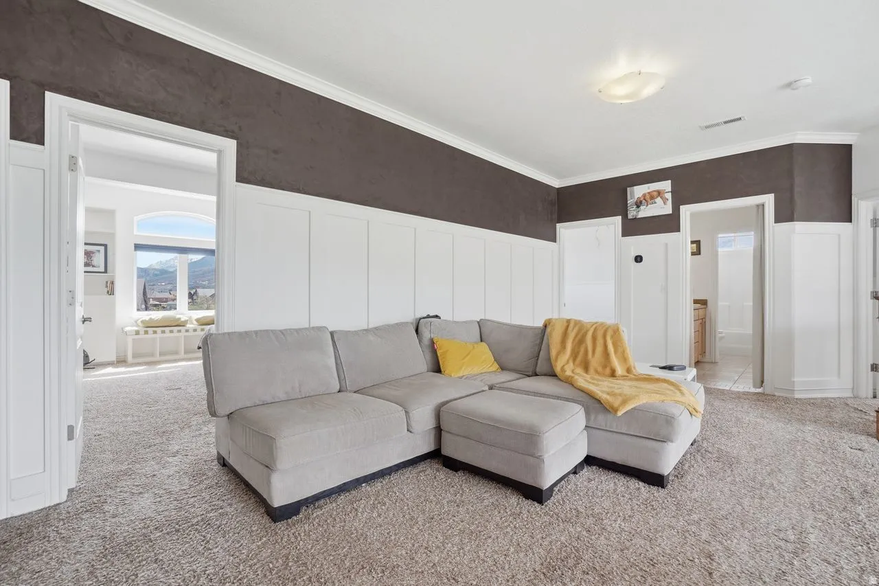 Plush carpeting, crown molding, and wainscoting details