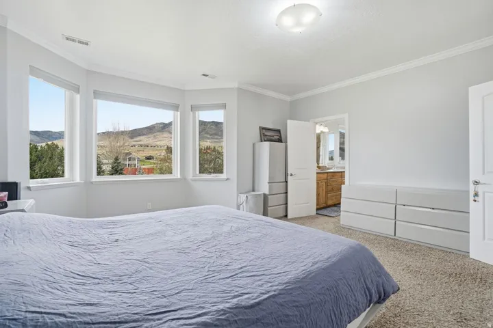 Wall-to-wall carpeting and crown molding