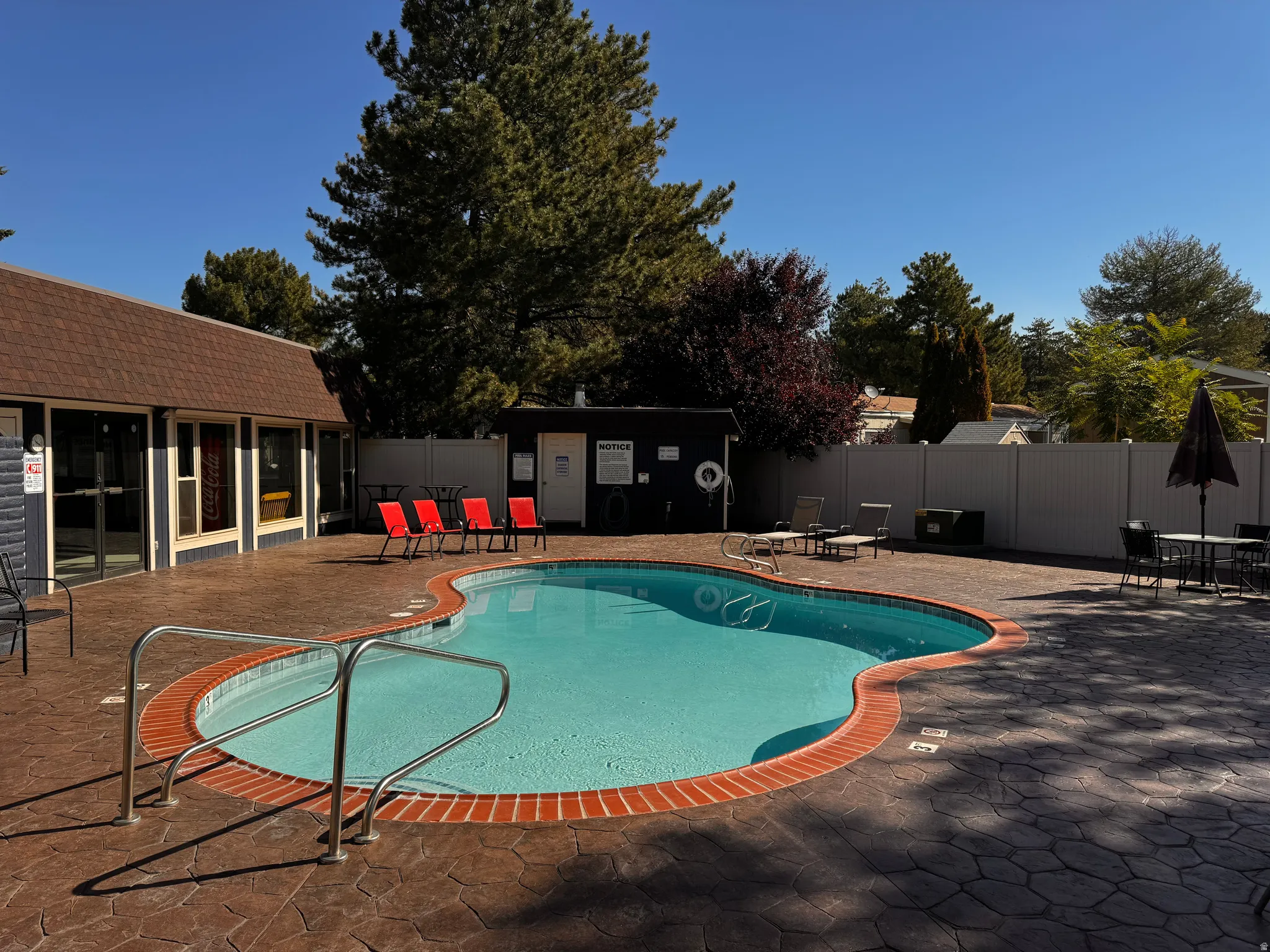 Kidney-shaped swimming pool with brick coping, surrounded by stamped concrete decking