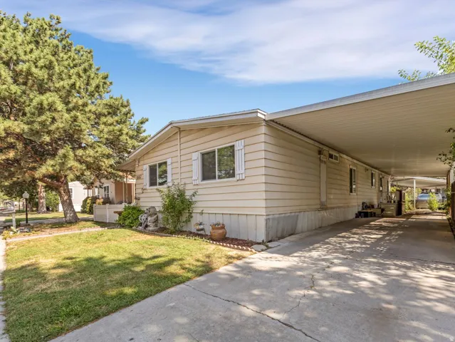 Exterior siding with white window shutters, covered carport, concrete driveway, and established front yard landscaping