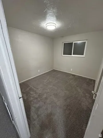 Light gray painted walls, gray carpeting, and a white window frame
