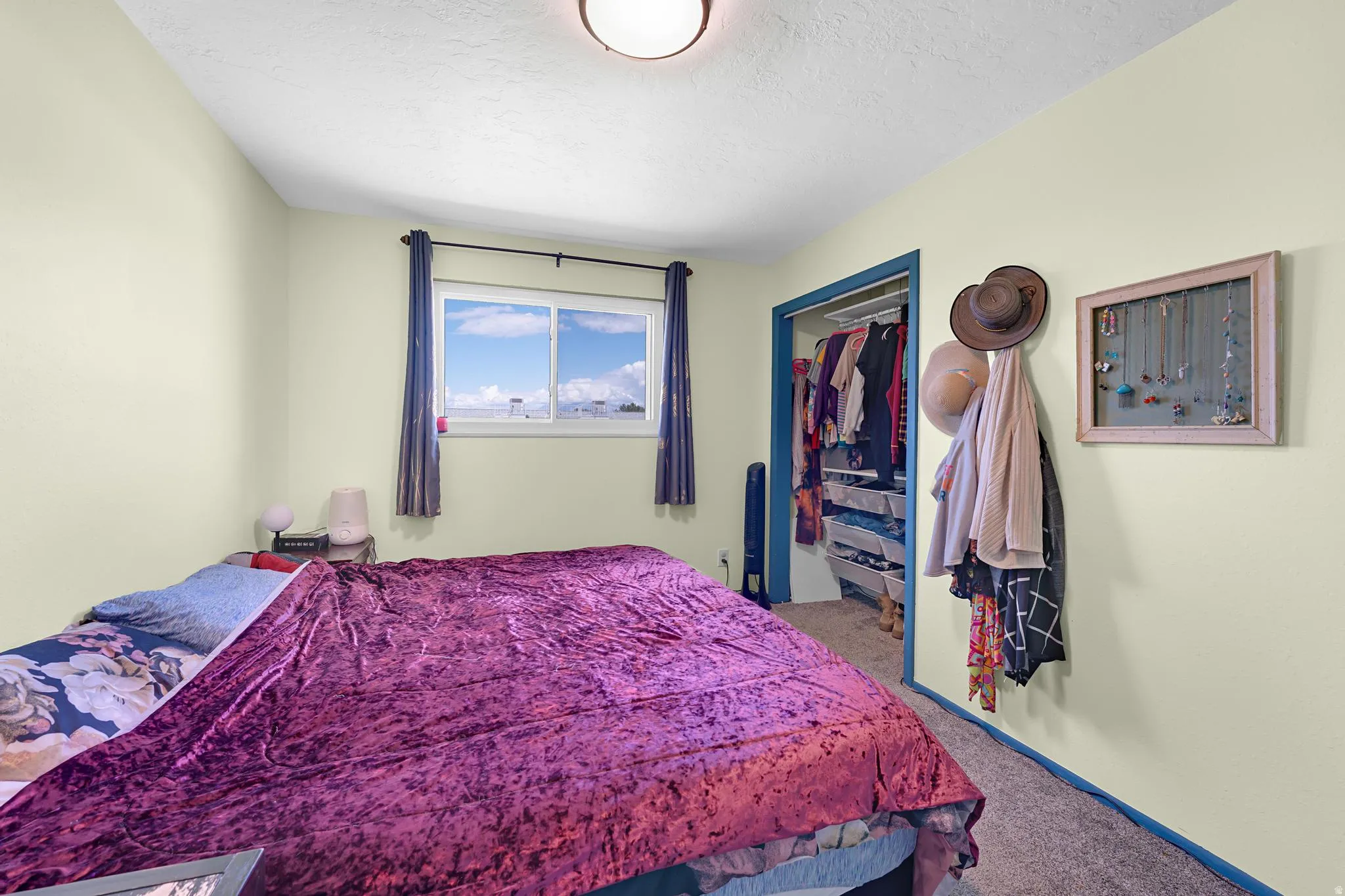 Recessed lighting with a built-in closet, wall-to-wall carpeting, and a window with a roller shade