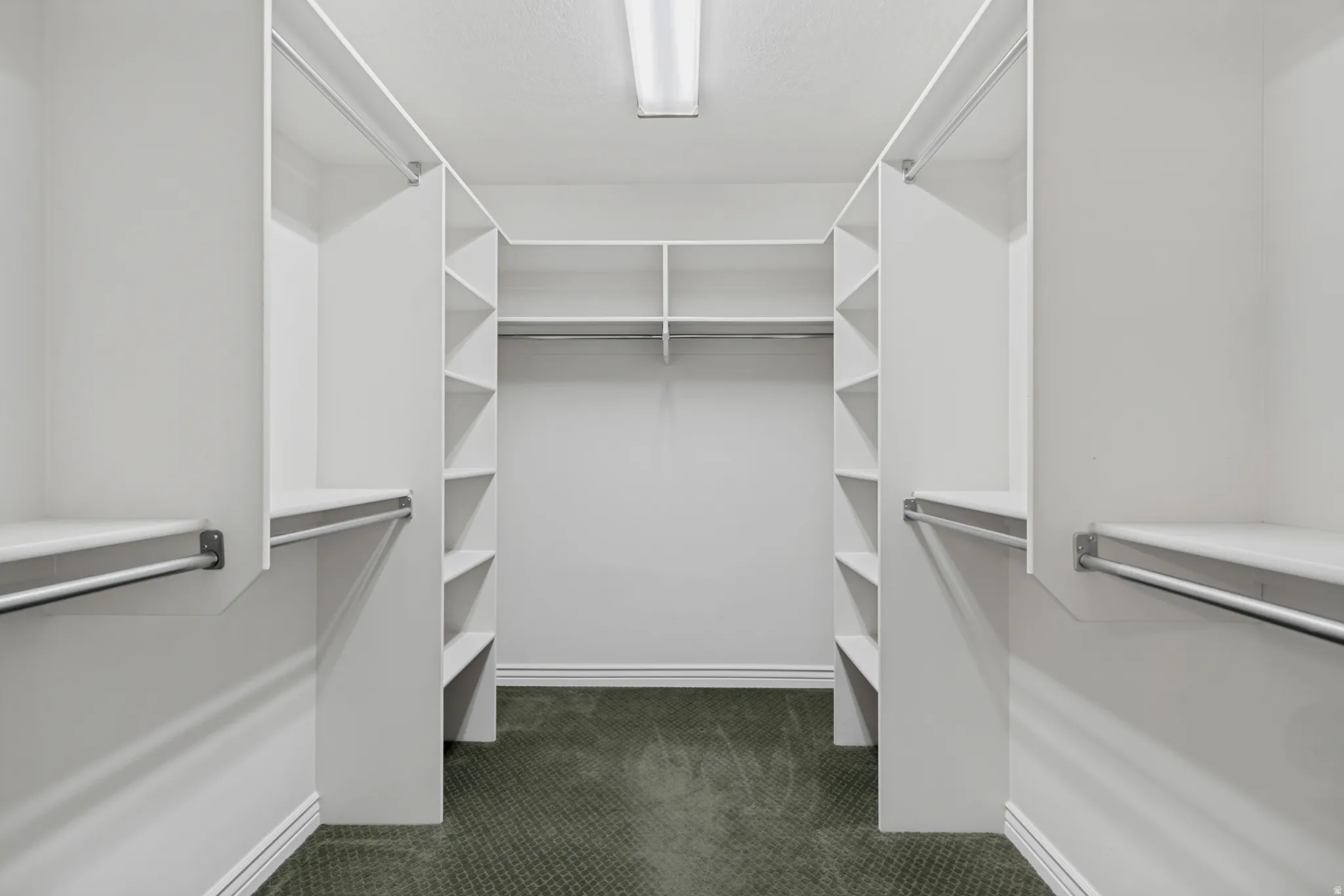 Custom built-in shelving, multiple hanging rods, wall-to-wall carpeting, and bright overhead lighting