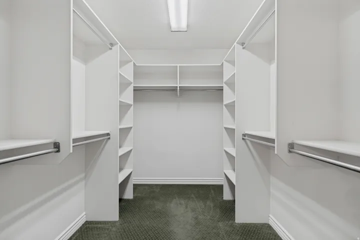 Custom built-in shelving, multiple hanging rods, wall-to-wall carpeting, and bright overhead lighting