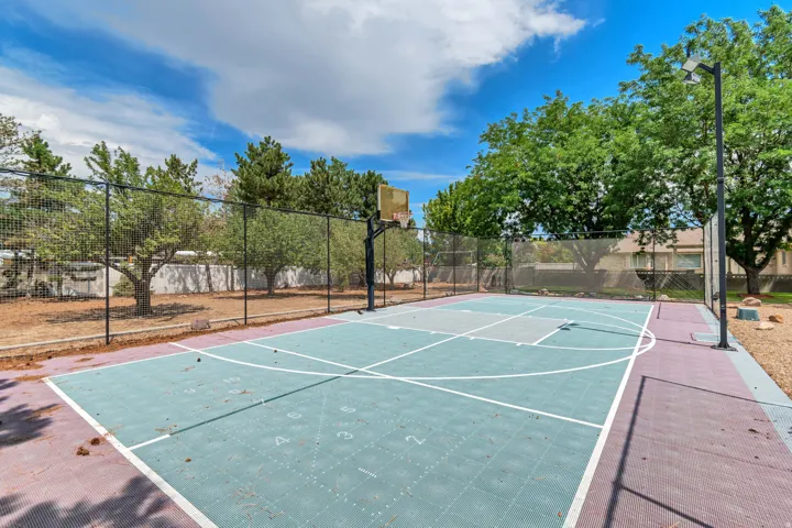 Multi-sport court with a basketball hoop, perimeter fencing, and integrated lighting