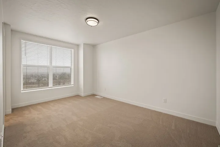 Neutral wall paint, carpet flooring, a large window, and a ceiling-mounted light fixture