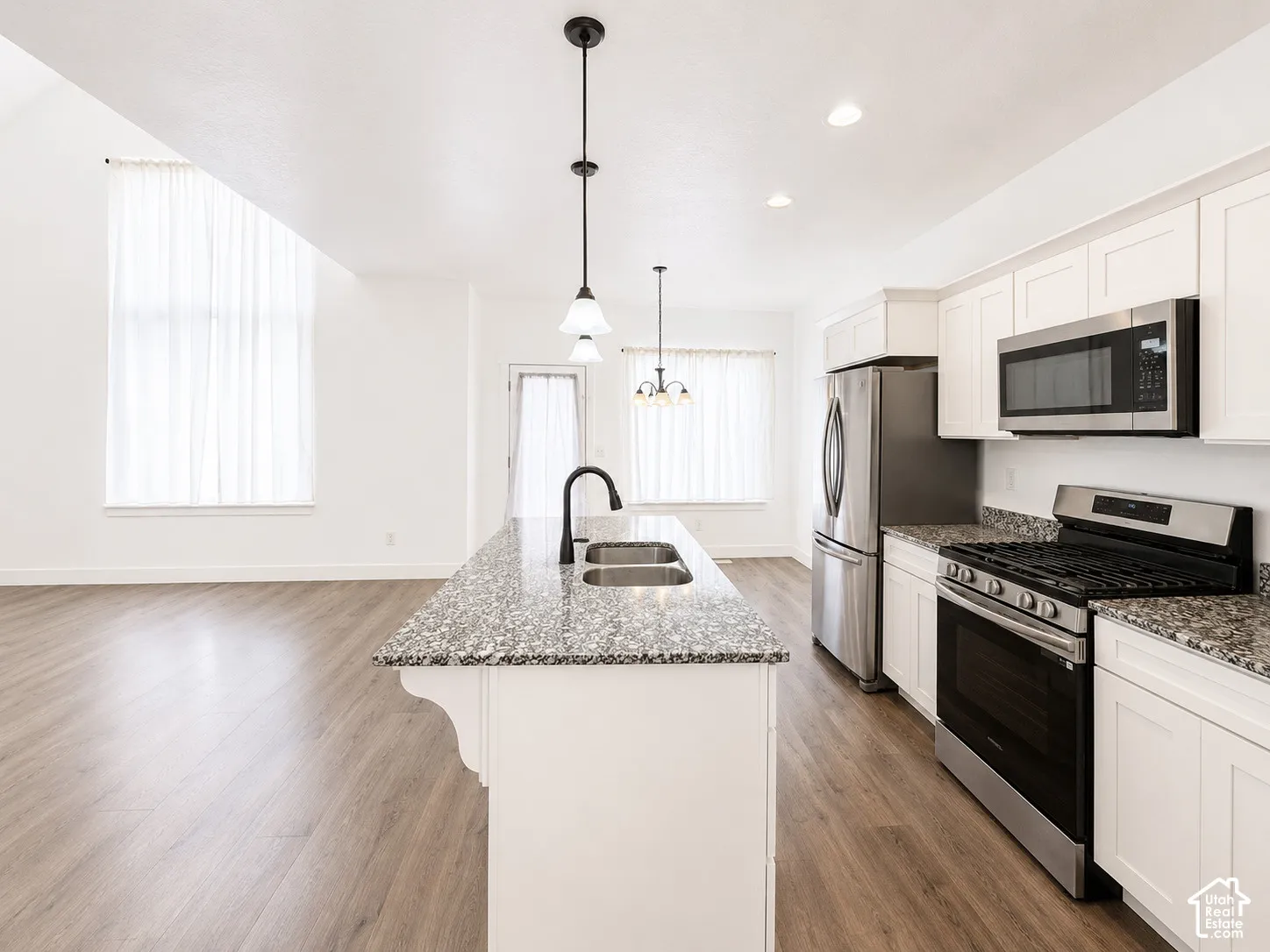 Kitchen with white cabinetry, stainless steel appliances, speckled countertops, and wood-finish flooring
