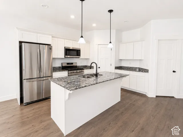 Kitchen featuring an island, stainless steel appliances, white cabinetry, wood-finish flooring, and pendant lighting