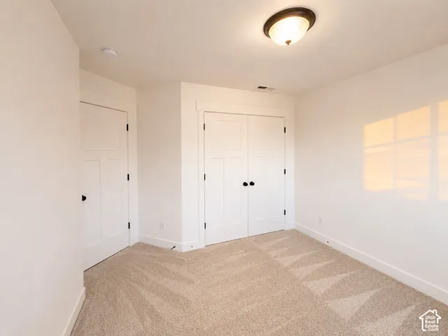 Neutral carpet flooring with geometric pattern, white paneled doors, and a ceiling-mounted light fixture