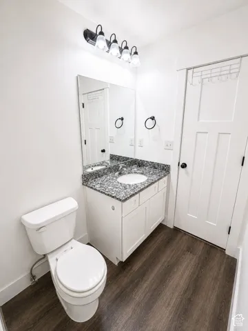 White vanity with granite-style countertop, undermount sink, and wood-finish flooring