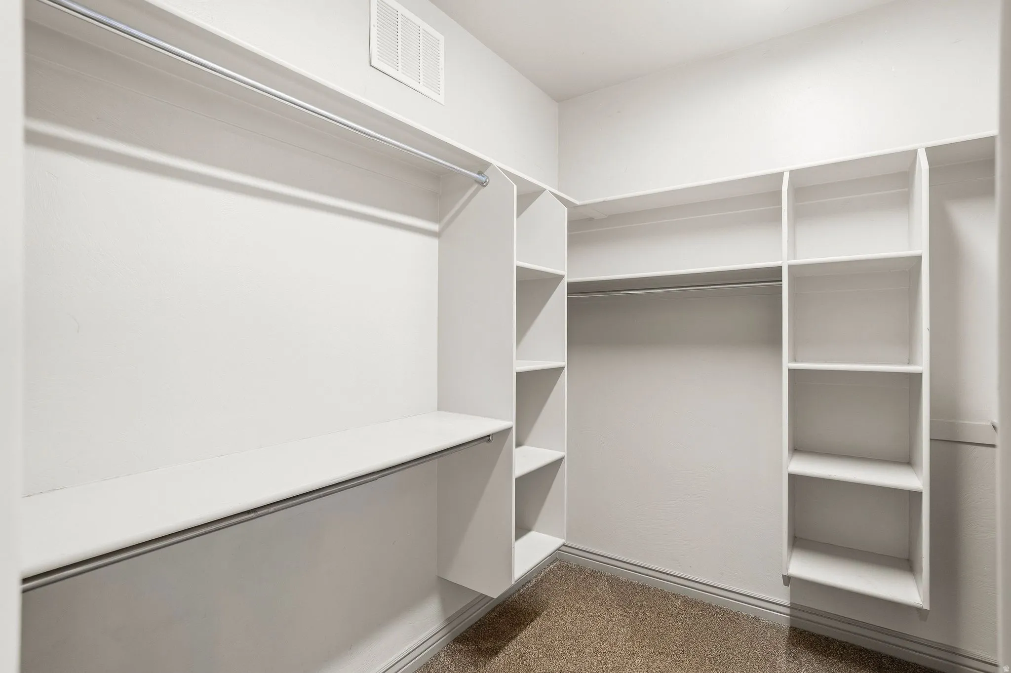 Walk-in closet with carpet flooring, built-in shelving, and metal hanging rods