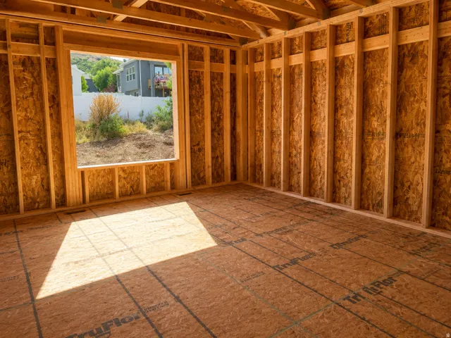 Photo of actual home at framing stage. AI  has been used to clean up photos