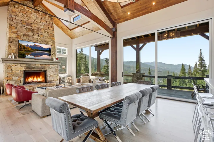 Vaulted wood-paneled ceiling with exposed beams