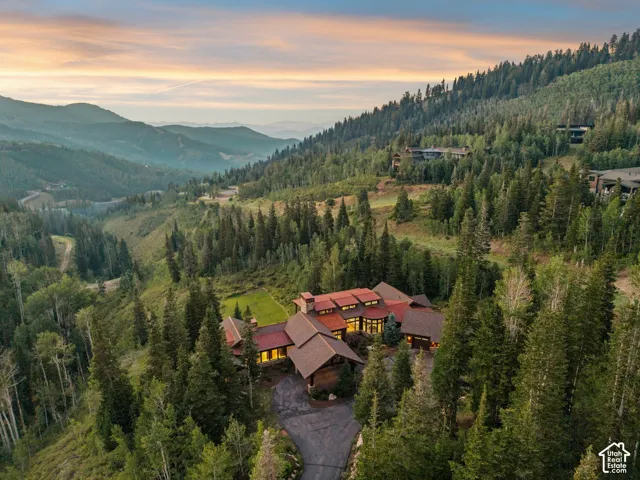 Mountain property with a multi-gabled roofline, stone and wood-clad exterior, surrounding mature trees, and a paved driveway