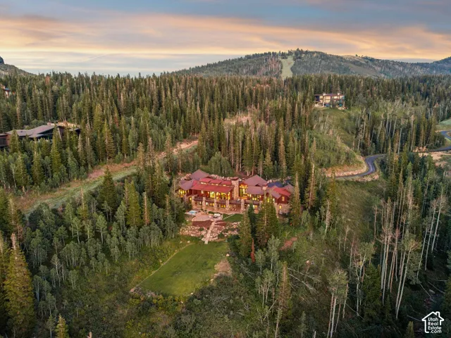 Expansive property featuring a multi-level structure with a red tile roof, surrounded by dense evergreen trees