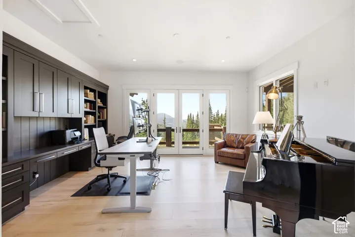 Light wood-finish flooring, built-in dark cabinetry with integrated shelving, white walls, and glass French doors opening to an exterior deck