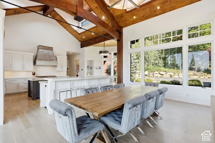 Vaulted wood-paneled ceiling with exposed beams, large picture windows, light wood-finish flooring, and a kitchen island with seating