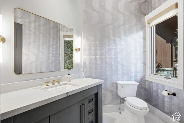 Vanity with a rectangular undermount sink, brass-finish faucet, and light-toned countertop