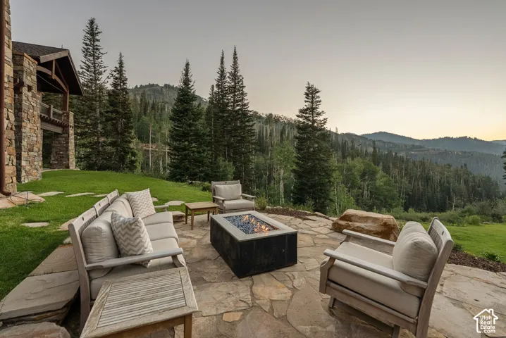 Expansive stone patio featuring a built-in fire pit, surrounded by lush green lawn and mature trees