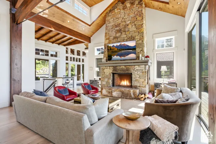 Vaulted wood-paneled ceilings with exposed wood beams